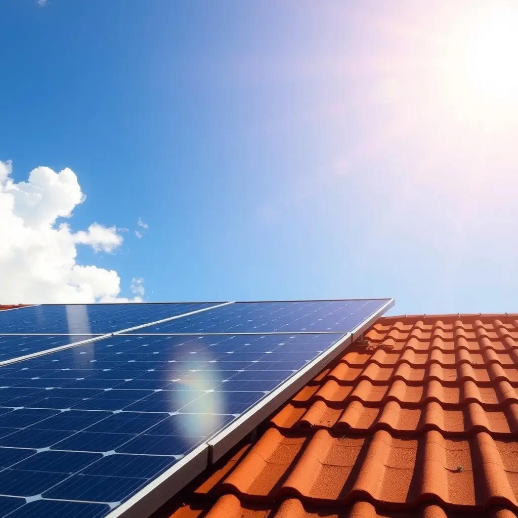 Solar panels on a rooftop under a bright sky